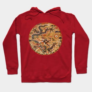 FIVE CLAWED BLACK DRAGON IN GOLD FLORAL SWIRLS Chinese Embroidery in Red Hoodie